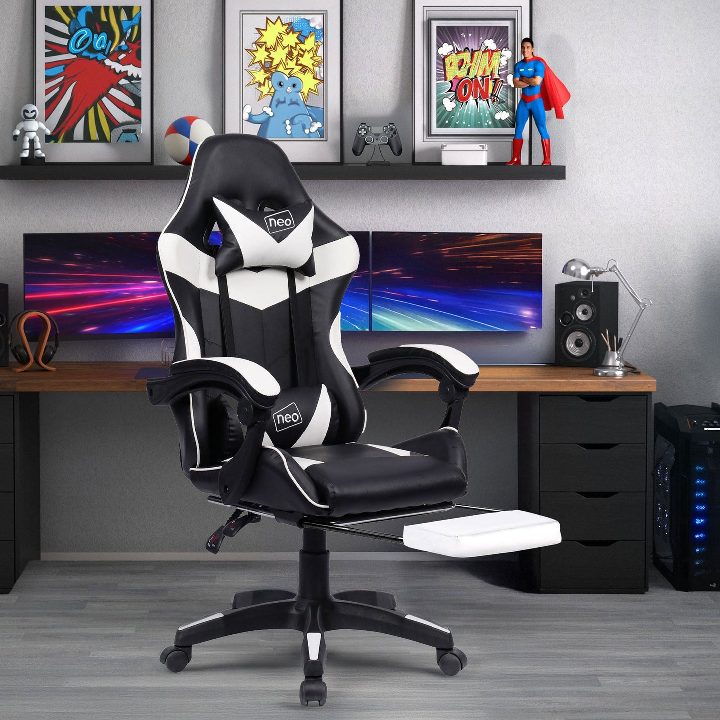 Neo White & Black Massage Leather Gaming Chair with Footrest