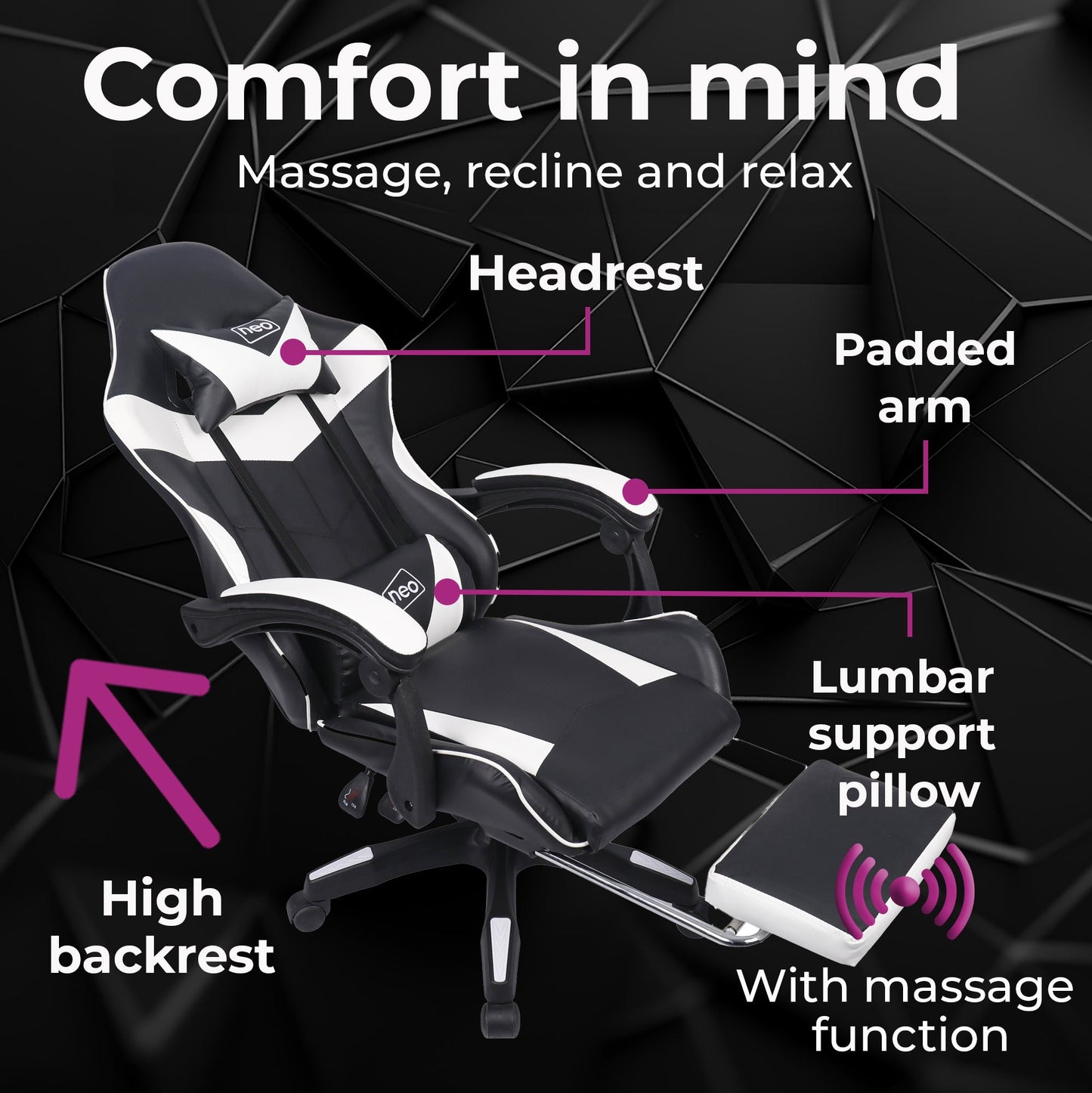Neo White & Black Massage Leather Gaming Chair with Footrest