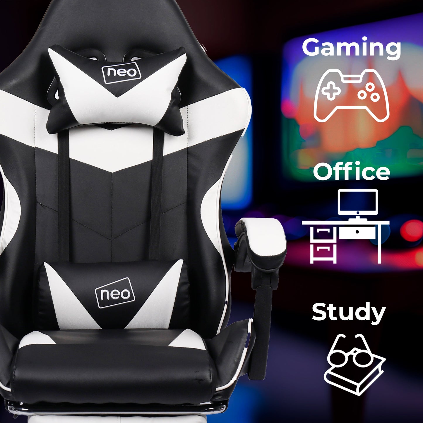 Neo White & Black Massage Leather Gaming Chair with Footrest